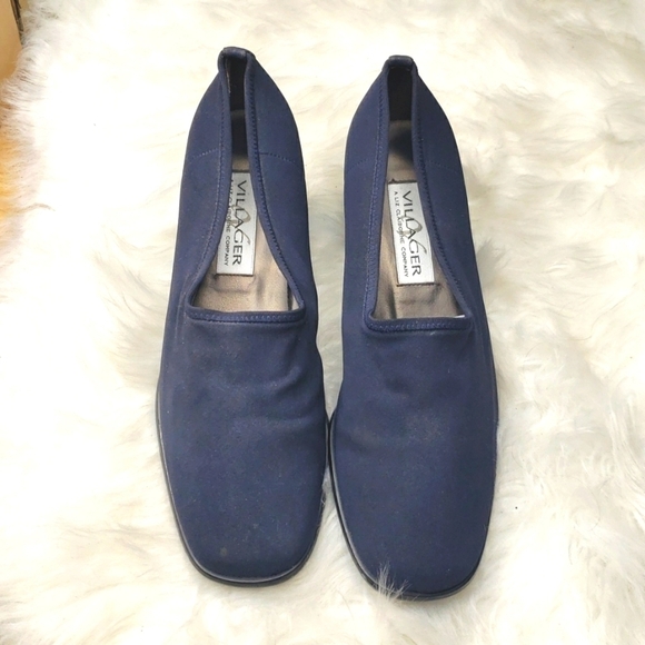 Liz Claiborne Villager Fabric Navy Pumps Blocks heels 8.5M Vintage VTG - Picture 2 of 7